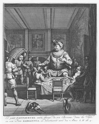 Gargantua ser sin son Pantagruel bära sin spjälsäng, illustration från "Gargantua och Pantagruel", av François Rabelais
